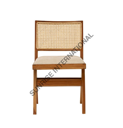 Mid Century Wooden Chandigarh Dining Chair With Cane Rattan Work & Seat Cushion Home