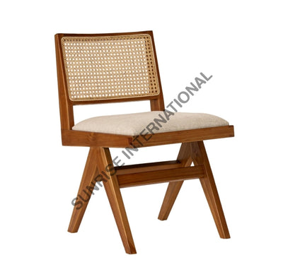 Mid Century Wooden Chandigarh Dining Chair With Cane Rattan Work & Seat Cushion Home