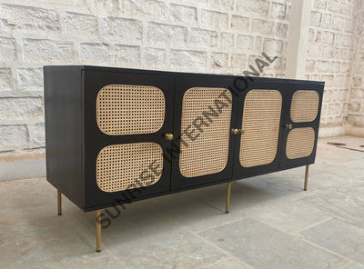 Mid Century Wooden Large Sideboard Cabinet With Rattan Cane Work! Home & Living:furniture:living