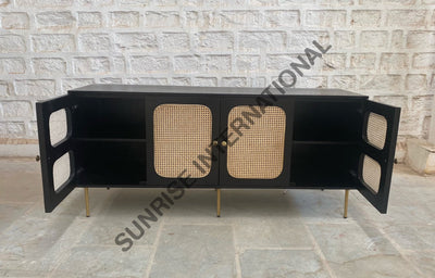 Mid Century Wooden Large Sideboard Cabinet With Rattan Cane Work! Home & Living:furniture:living