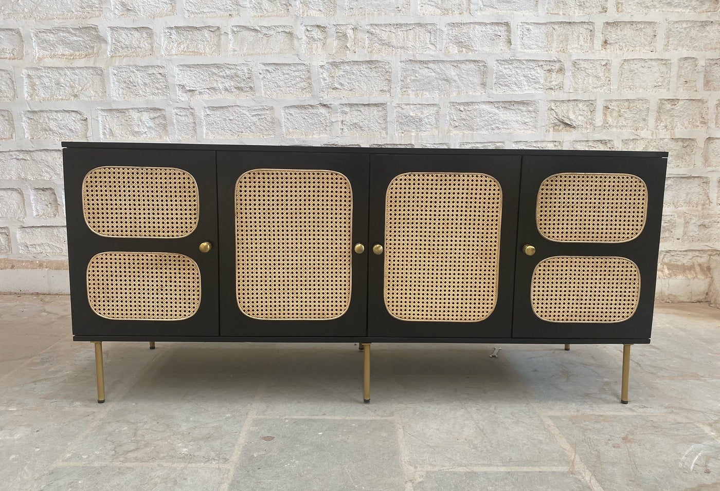 Mid Century wooden Large sideboard cabinet with rattan cane work !