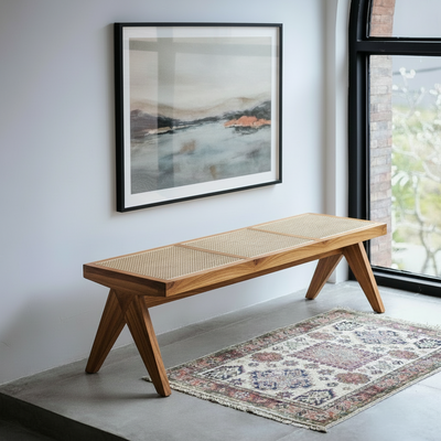 Mid Century wooden Relaxing Bench - Rattan Cane Style work Furniture