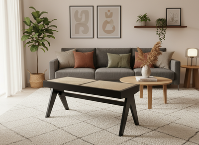 Mid Century wooden Relaxing Bench - Rattan Cane Style work Furniture