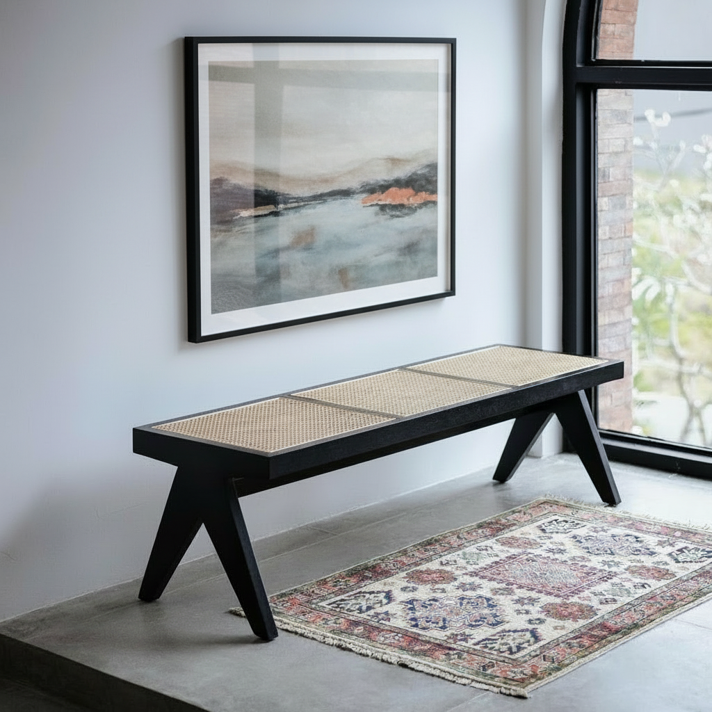 Mid Century wooden Relaxing Bench - Rattan Cane Style work Furniture