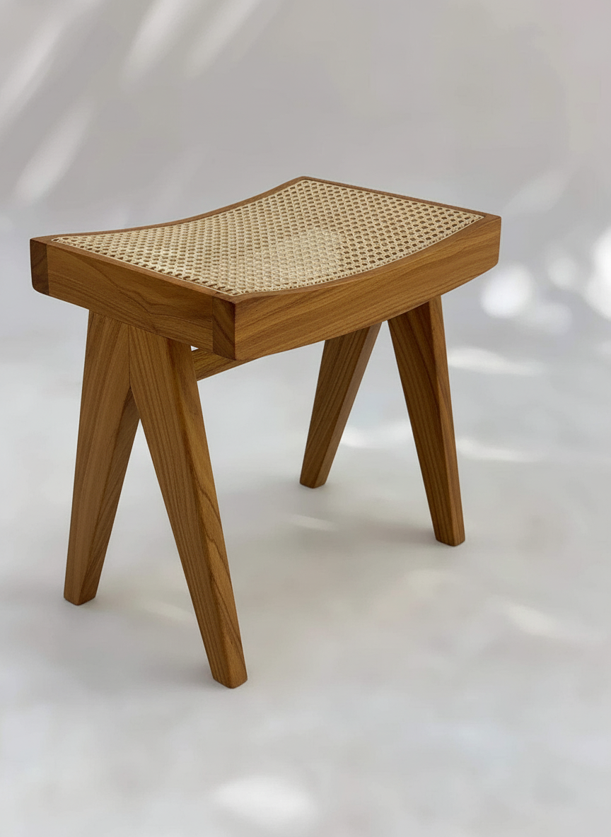 Mid Century wooden Stool - Cane rattan Style Furniture