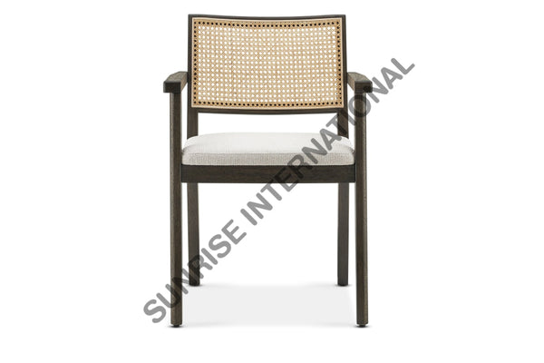 Buy wooden dining Arm Chair with rattan cane work & seat cushion design
