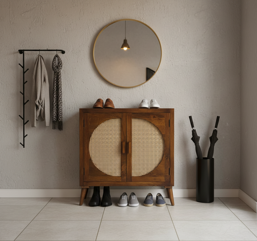 Mid Century wooden shoe cabinet rack with rattan cane work !