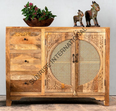 Mid Century Wooden Sideboard Cabinet With Rattan Cane Work & Hand Carving ! Home