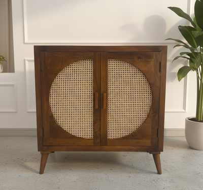 Mid Century wooden sideboard cabinet with rattan cane work !
