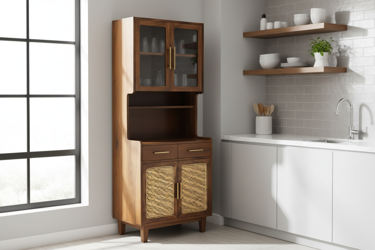 Mid century design Wooden crockery Kitchen Cabinet hutch with rattan cane