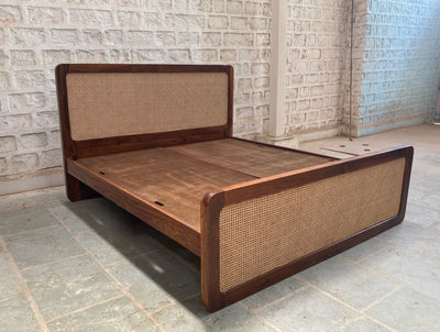 solid wood bed with rattan cane design