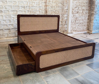 Modern Rattan cane Sheesham wood King & Queen storage Bed