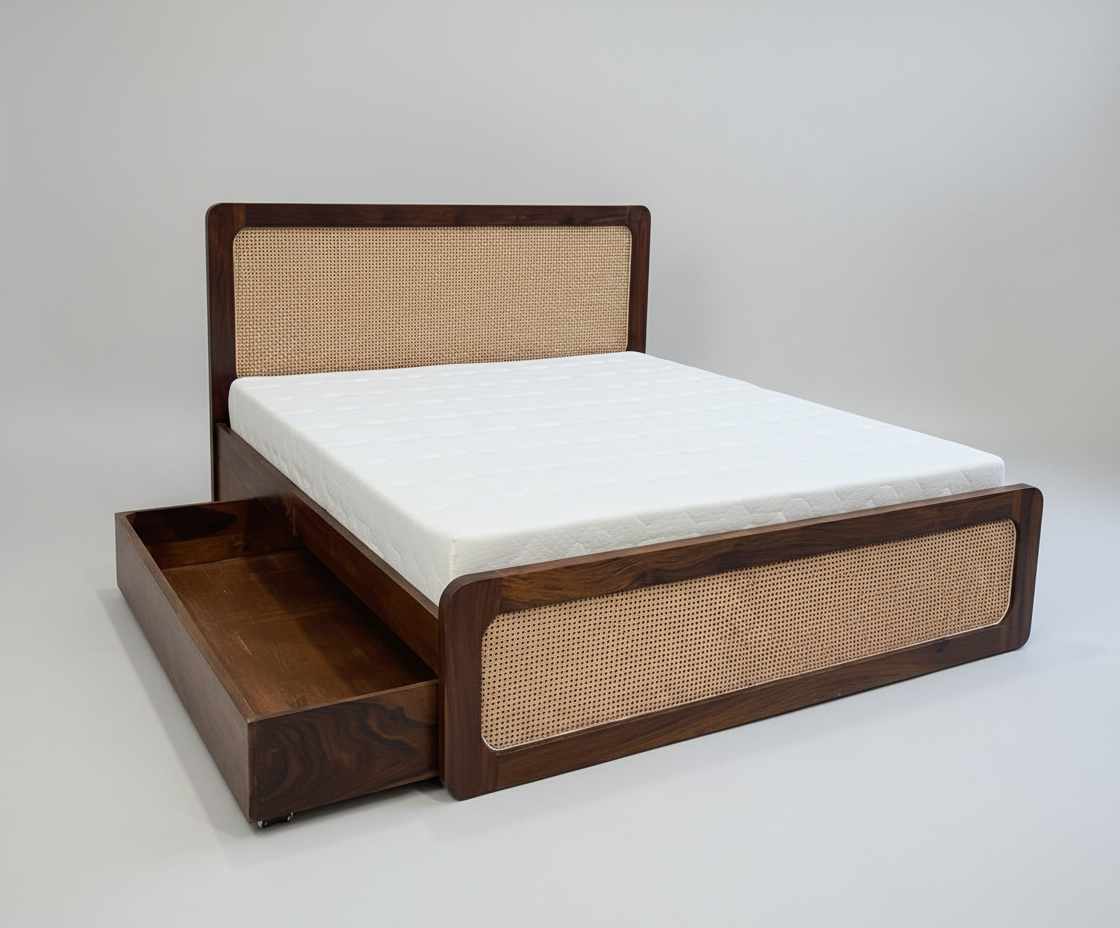 Modern Rattan cane Sheesham wood King & Queen storage Bed