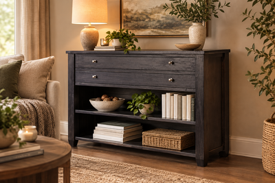 console table with storage drawers and open shelf