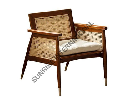 Modern Wooden Leisure Accent Arm Chair With Rattan Cane Work & Seat Cushion ! Home