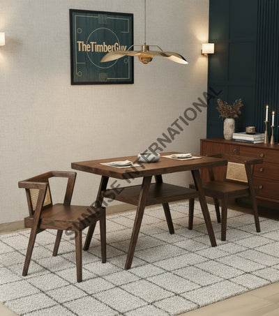 Nordic Design Wood 3pc Wooden Dining table Set (1 Table + 2 chairs) with rattan cane for restaurant cafe & home Home &