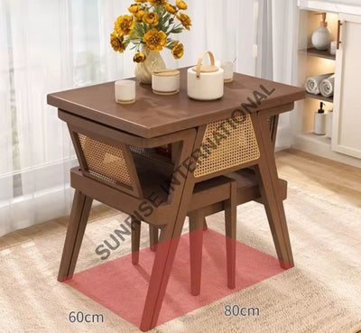 Nordic Design Wood 3pc Wooden Dining table Set (1 Table + 2 chairs) with rattan cane for restaurant & home Home &