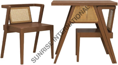 Nordic Design Wood 3pc Wooden Dining table Set (1 Table + 2 chairs) with rattan cane for restaurant & home Home &