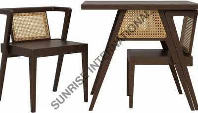 Nordic Design Wood 3pc Wooden Dining table Set (1 Table + 2 chairs) with rattan cane for restaurant & home Home &