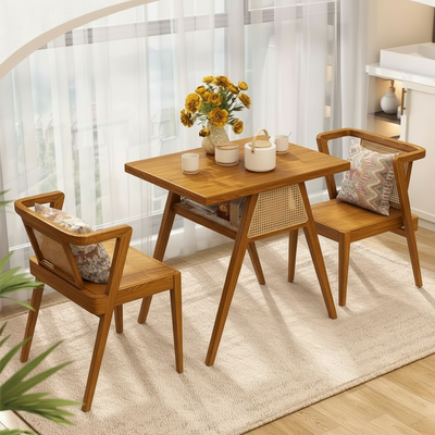 Nordic Design Wood 3pc Wooden Dining table Set ( 1 Table + 2 chairs) with rattan cane for restaurant, cafe & home