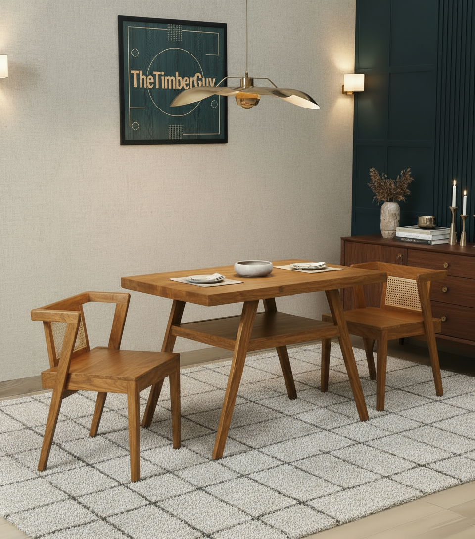 Nordic Design Wood 3pc Wooden Dining table Set ( 1 Table + 2 chairs) with rattan cane for restaurant, cafe & home