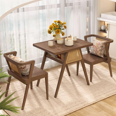 Nordic Design Wood 3pc Wooden Dining table Set ( 1 Table + 2 chairs) with rattan cane for restaurant, cafe & home