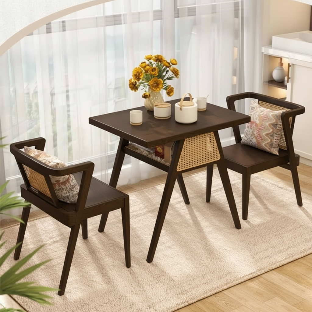 Nordic Design Wood 3pc Wooden Dining table Set ( 1 Table + 2 chairs) with rattan cane for restaurant, cafe & home