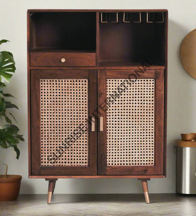 Retro Style Solid Wood Rattan Cane Bar Cabinet with Glass Holder Storage Home & Living:Furniture:Dining Room