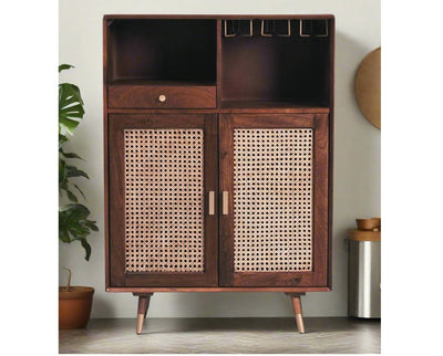 Retro Style Solid Wood Rattan Cane Bar Cabinet with Glass Holder Storage