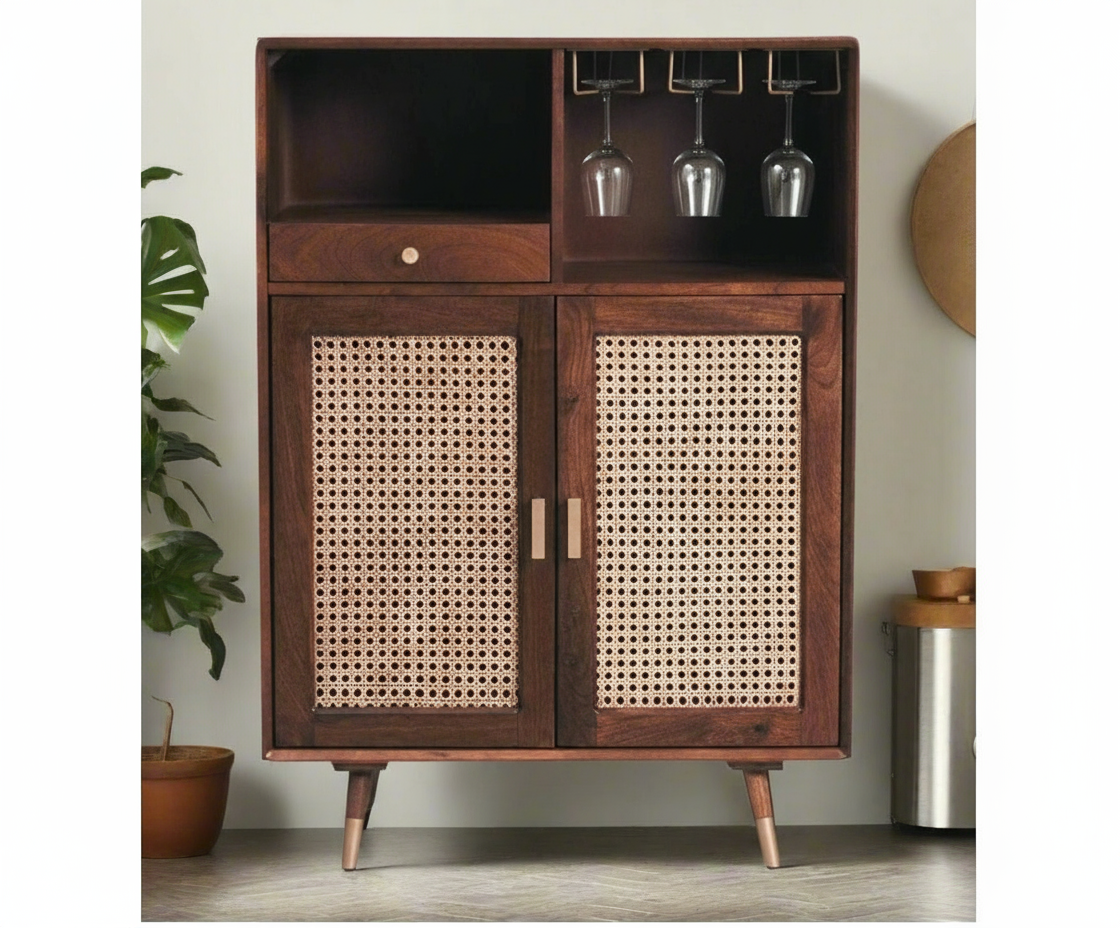 Retro Style Solid Wood Rattan Cane Bar Cabinet with Glass Holder Storage