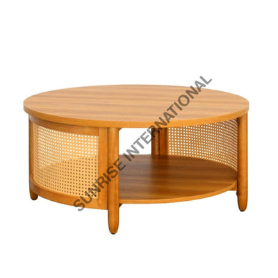 Round mango wood coffee table with rattan cane work side view