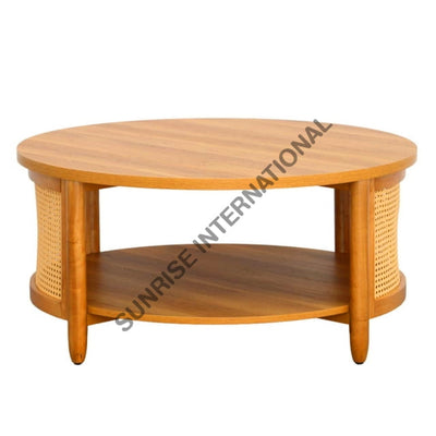 Round wooden coffee table with rattan cane panels and bottom storage shelf