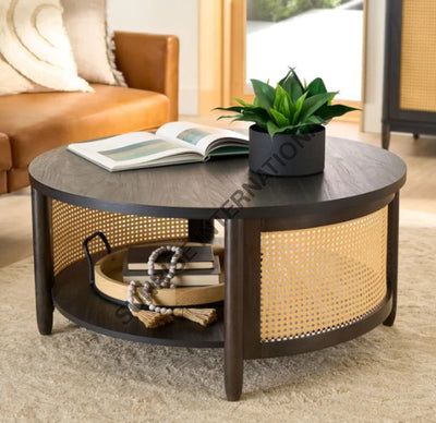 Round solid wood rattan cane coffee table in walnut stain living room setting