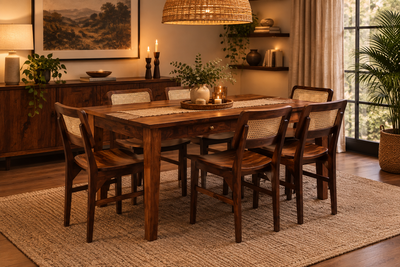 Mid Century Sheesham Wood 6 Seater Dining Table Set with Rattan Cane Chairs & Storage