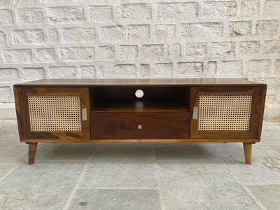 latest wooden tv cabinet unit in rattan cane design online