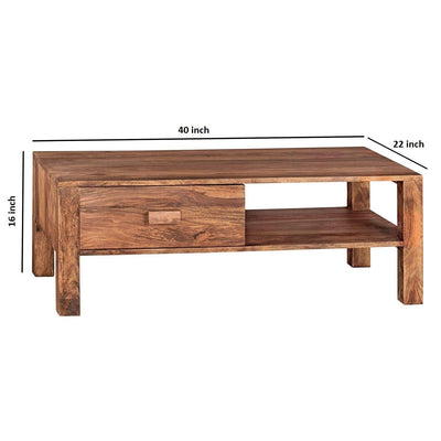 Contemporary solid wood coffee center table with storage drawer and open shelf