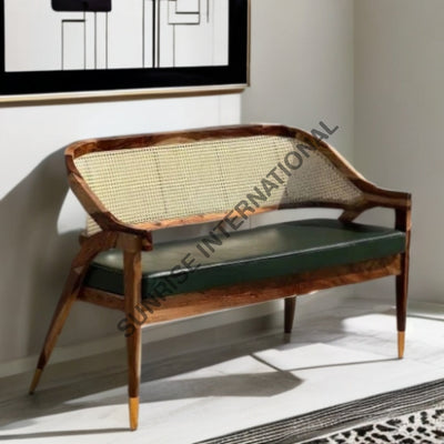 Sheesham Wood Bench With Rattan Cane & Seat Cushion For Home Office Restaurent