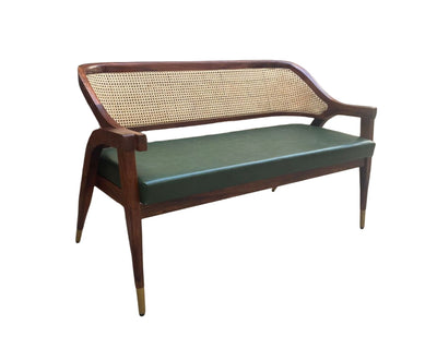 wooden bench with rattan cane design