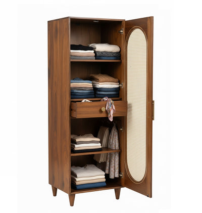 Sheesham wood single door wardrobe with shelves and central drawer