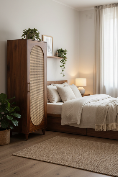A warm, minimalist bedroom scene featuring a tall dark wood wardrobe with a woven cane door panel, a wooden bed with cream bedding, a textured beige rug, and soft natural light filtering through sheer curtains.