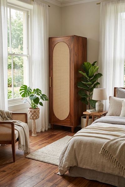 Sheesham Wood Single Door Wardrobe with Rattan Cane Work