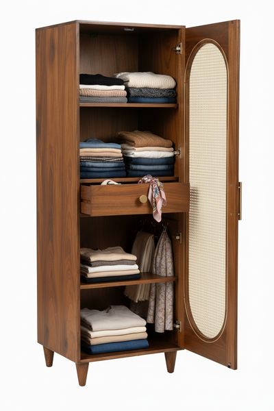 A mid-century modern wooden wardrobe with an open door showing folded clothes and a hanging scarf, set against a plain white background.