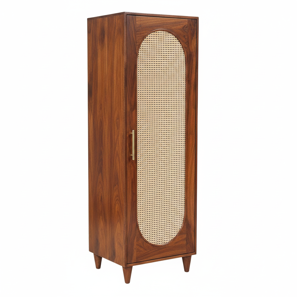 Sheesham Wood single door Wardrobe with rattan cane work | Shelved Armoires