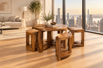 wooden round coffee table with 4 stools