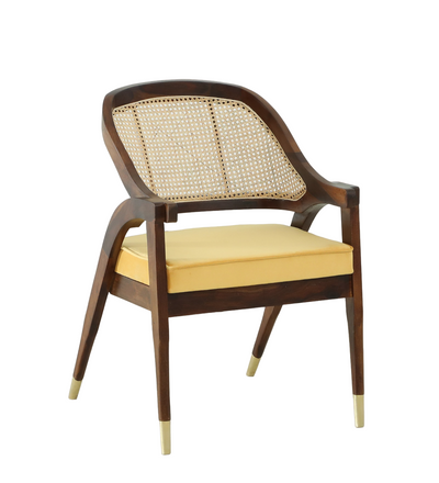 wooden accent chair with rattan cane design
