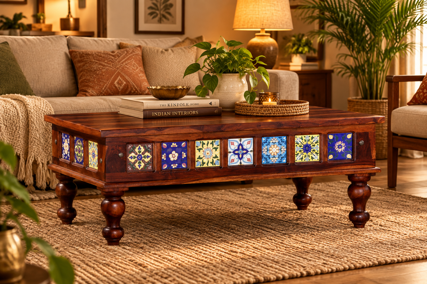 Wooden Coffee Table & Center Table with Ceramic Tiles