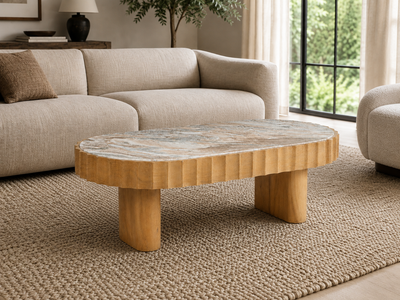 Natural Mango Shade coffee table with marble top in living room