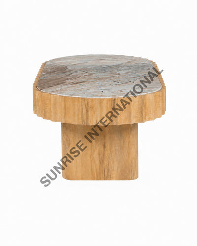 Fluted mango wood coffee table with marble top in Natural Mango Shade side view