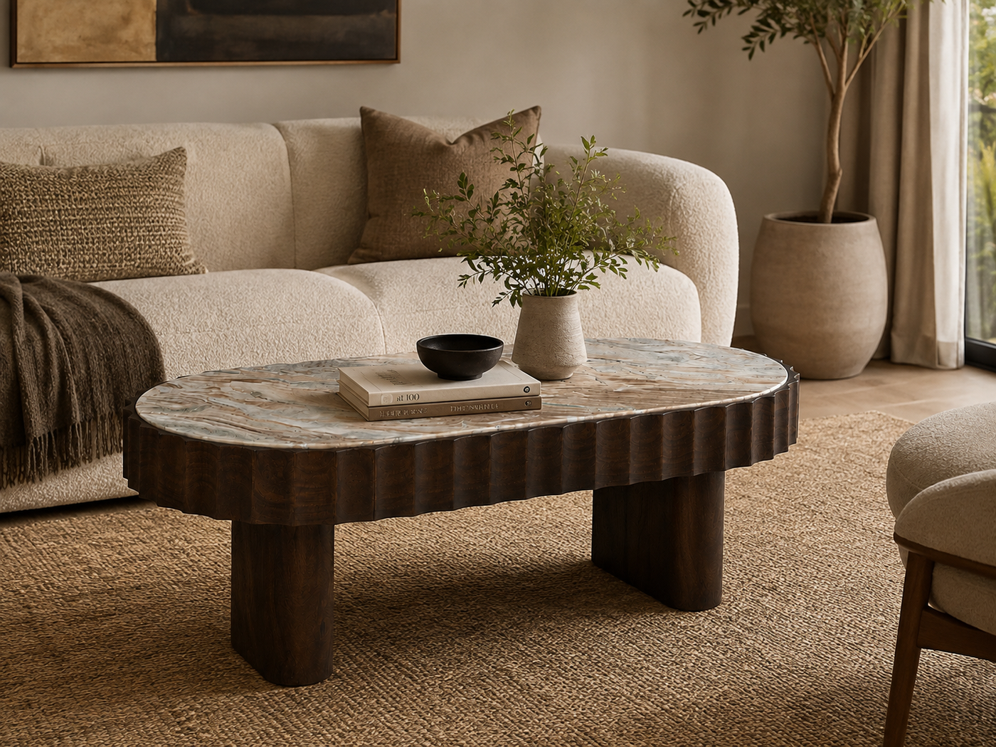 Solid Mango Wood Coffee Table with Marble Top & Fluted Edge