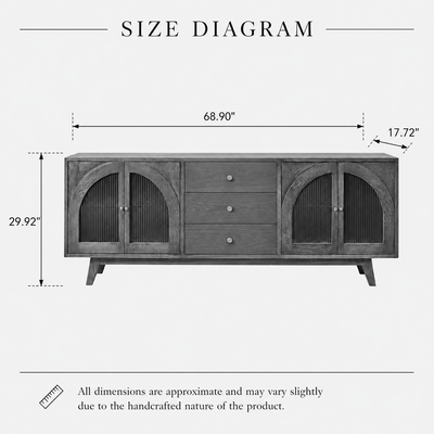Solid Mango Wood Sideboard Cabinet with 3 Drawers & 4 Arched Doors